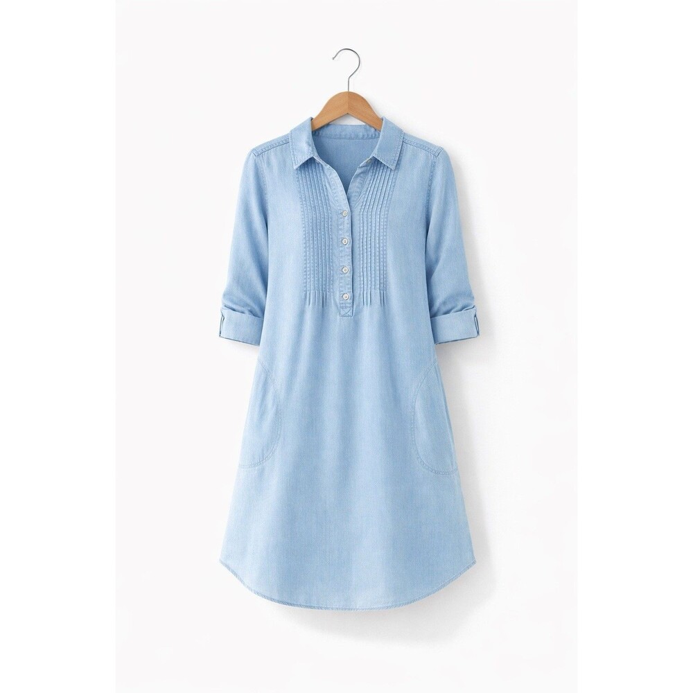 J. JILL Tencel Chambray Shirt Dress Size M  Pintucked Roll Tab‎ Sleeve